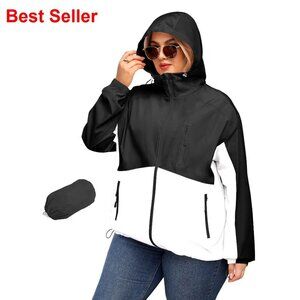 Plus Size Waterproof Rain Jacket with Hood Lightweight Packable Trench Coat